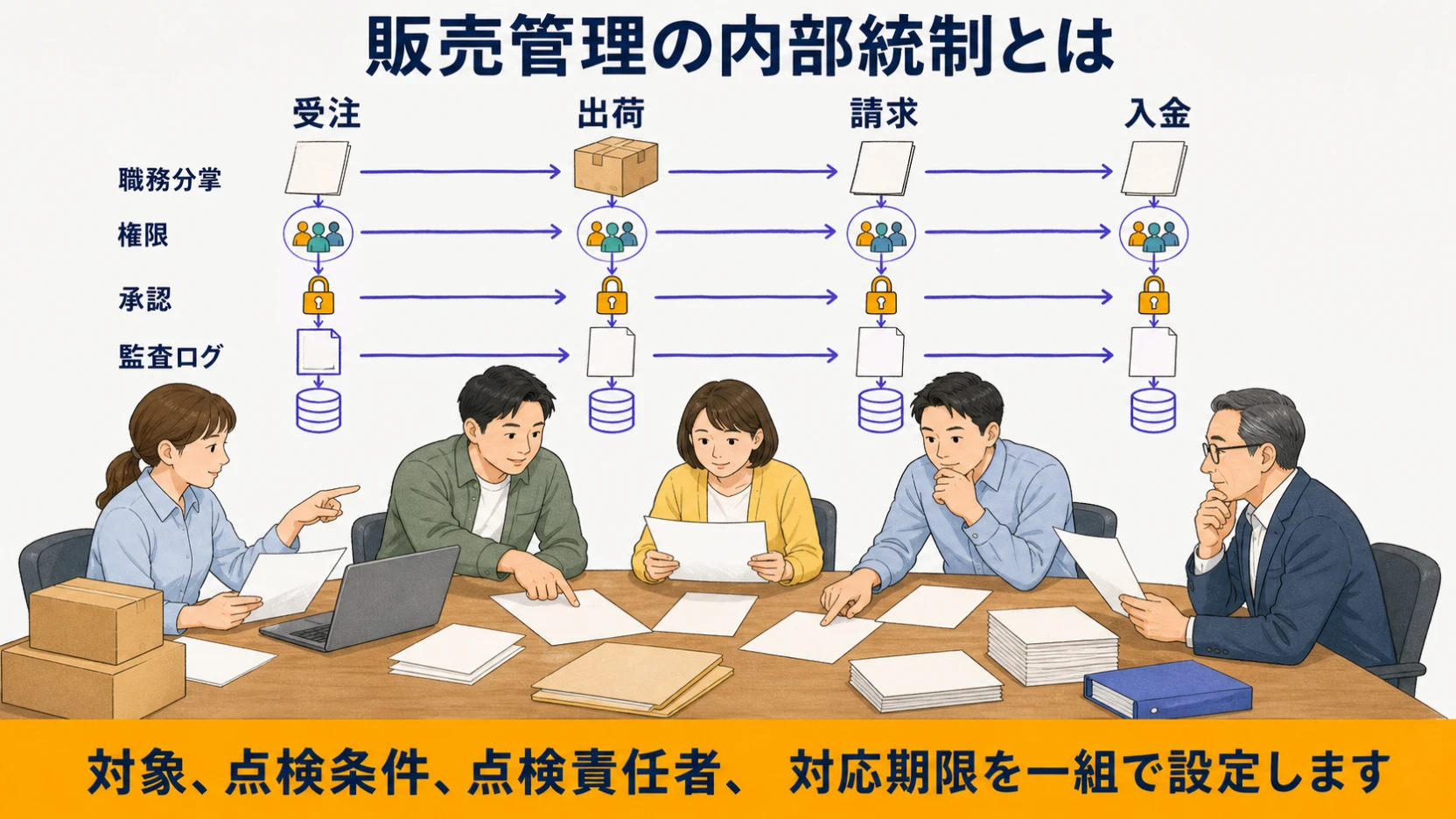 受注・出荷・請求・入金のリスクに職務分掌・権限・承認・監査ログを対応させる全体図