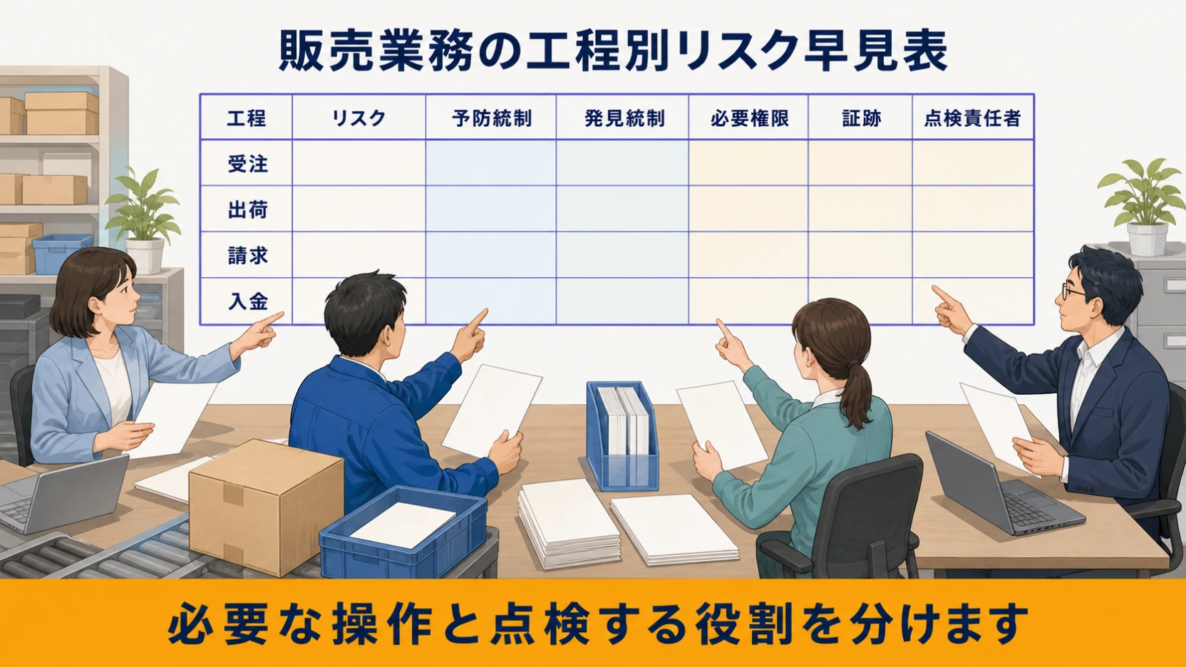 受注・出荷・請求・入金のリスクと予防・発見統制、証跡、責任者を整理した図