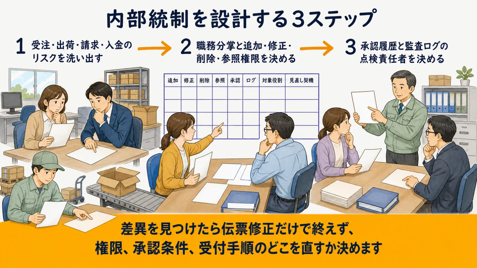 工程別リスクの抽出・職務と権限の分離・承認ログ点検を示す3ステップ