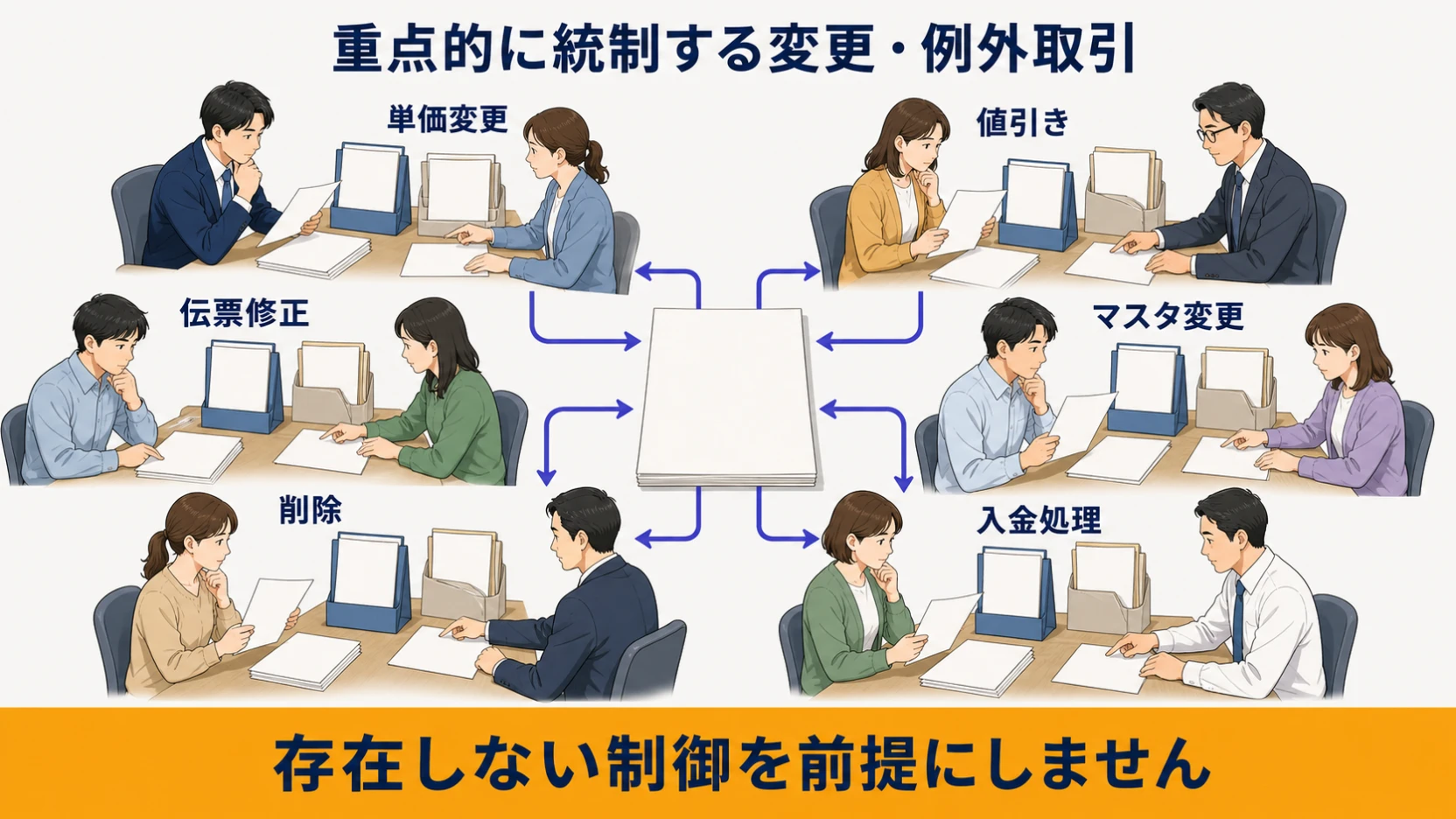 単価変更・値引き・伝票修正・マスタ変更・入金処理を重点統制する図