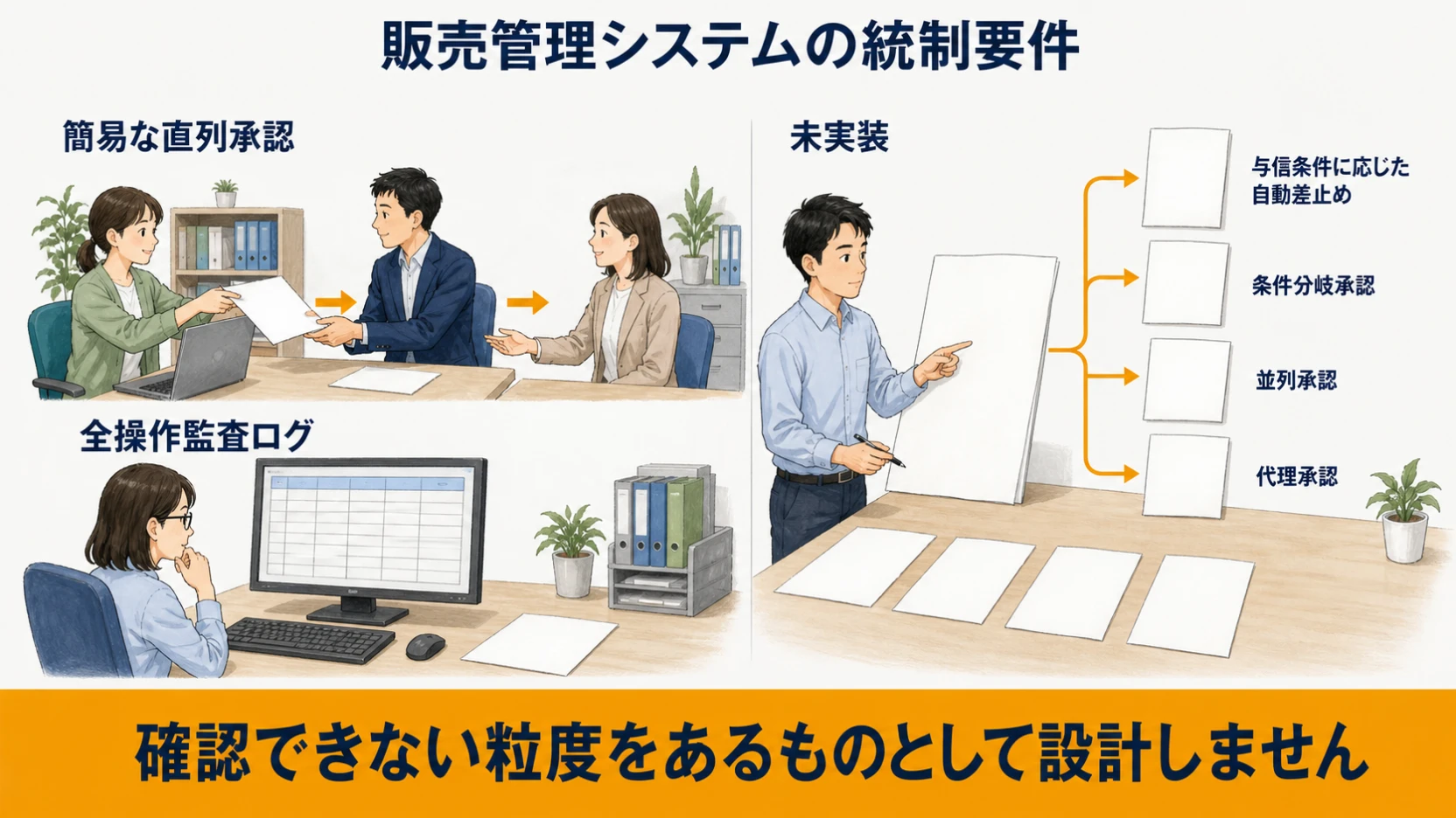 権限・直列承認・全操作監査ログと未実装の複雑承認を区別する図