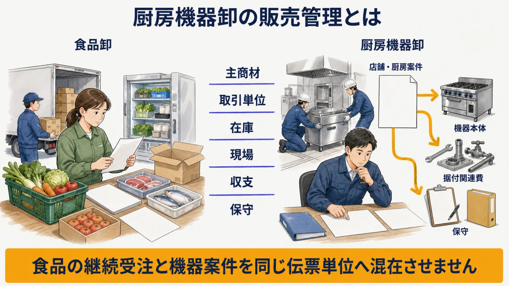 店舗・厨房案件に機器本体・据付関連費・保守を結び付ける販売管理の全体図