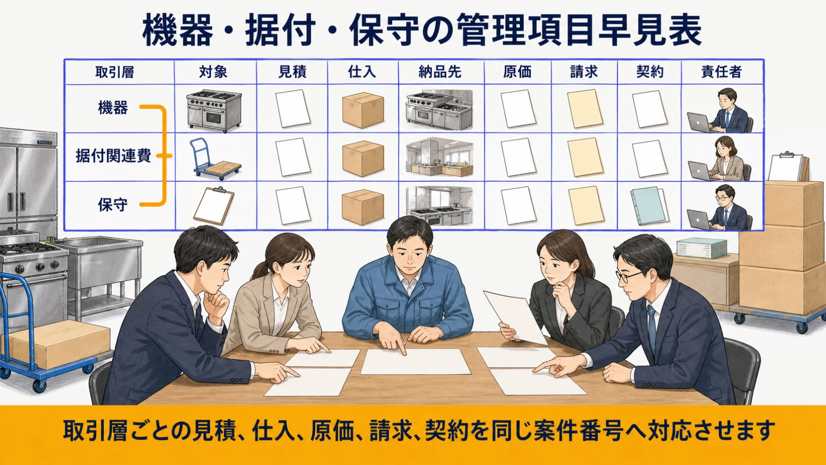 機器本体・据付関連費・保守を見積・仕入・原価・請求・契約で整理する図