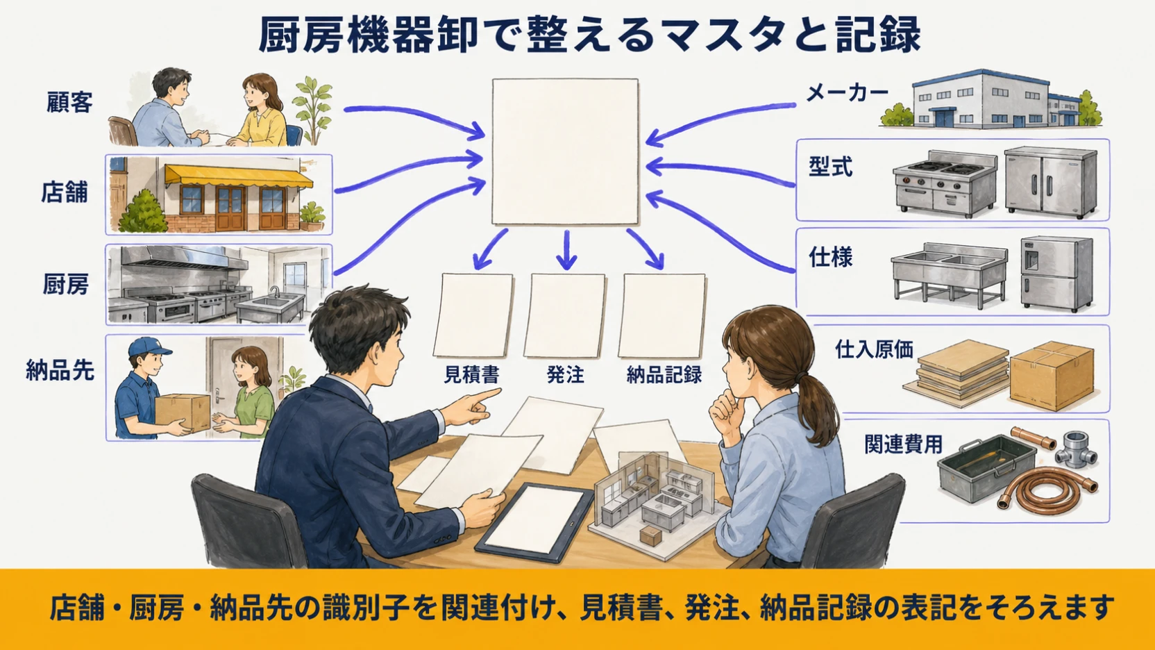 顧客・店舗・厨房・納品先と機器仕様・仕入原価・関連費用を分ける図