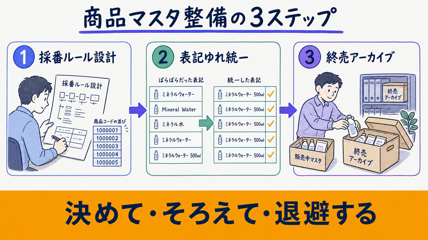 採番ルール設計・表記ゆれ統一・終売アーカイブという商品マスタ整備の3ステップを示した手順フロー図