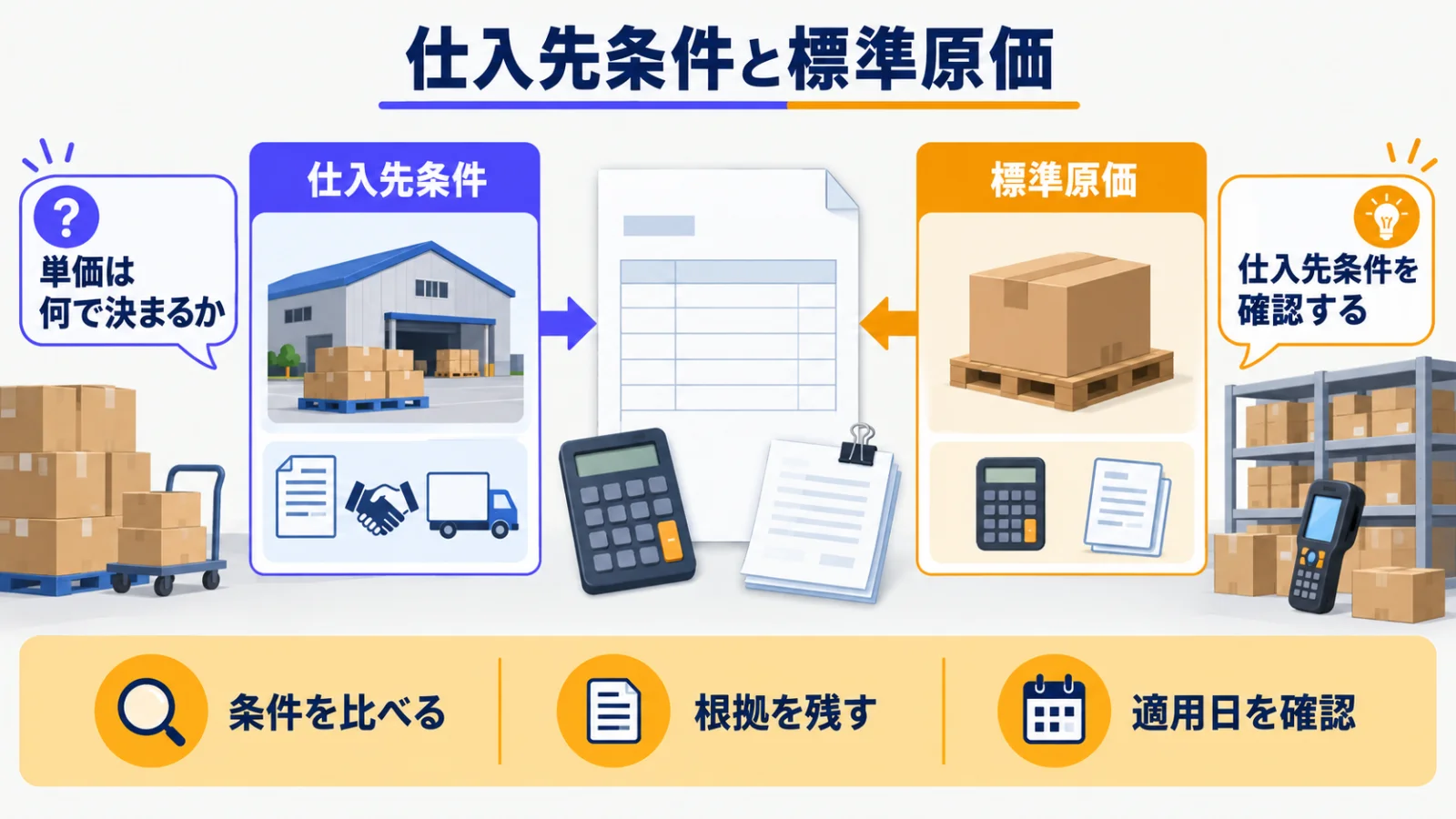 仕入先別条件と標準原価を並べた発注書と電卓