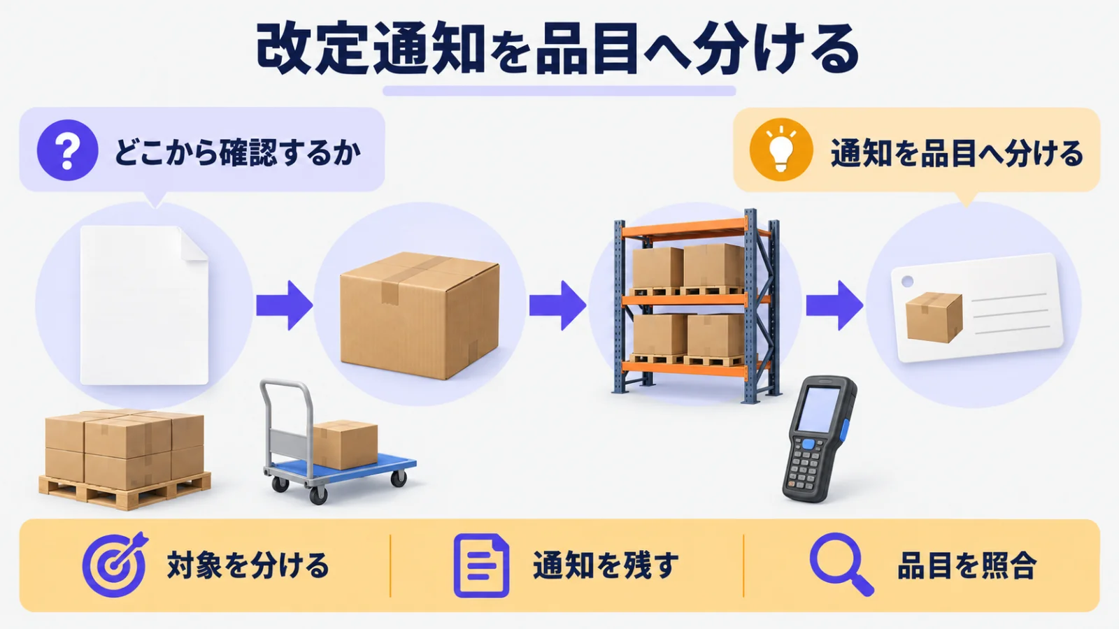 改定通知を品目別に整理する書類と保管棚