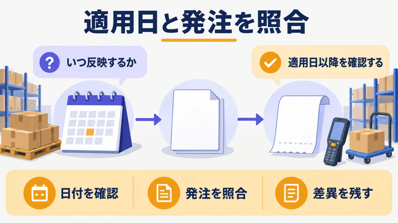 適用日と発注を照合するカレンダーと伝票