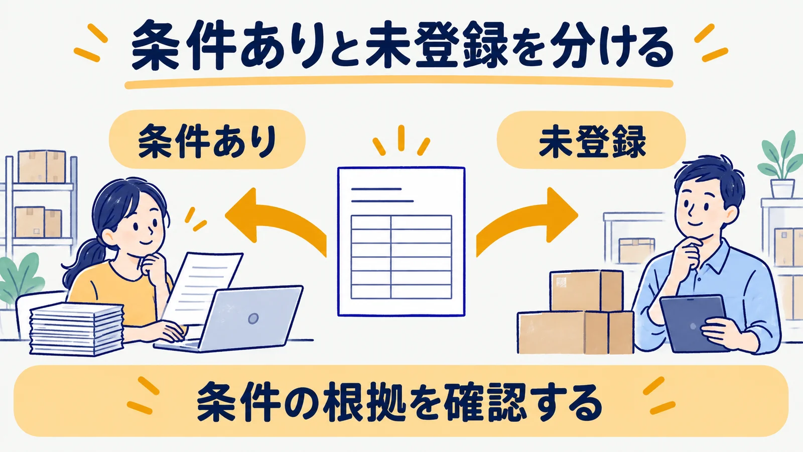条件ありと未登録を分ける発注カードと矢印
