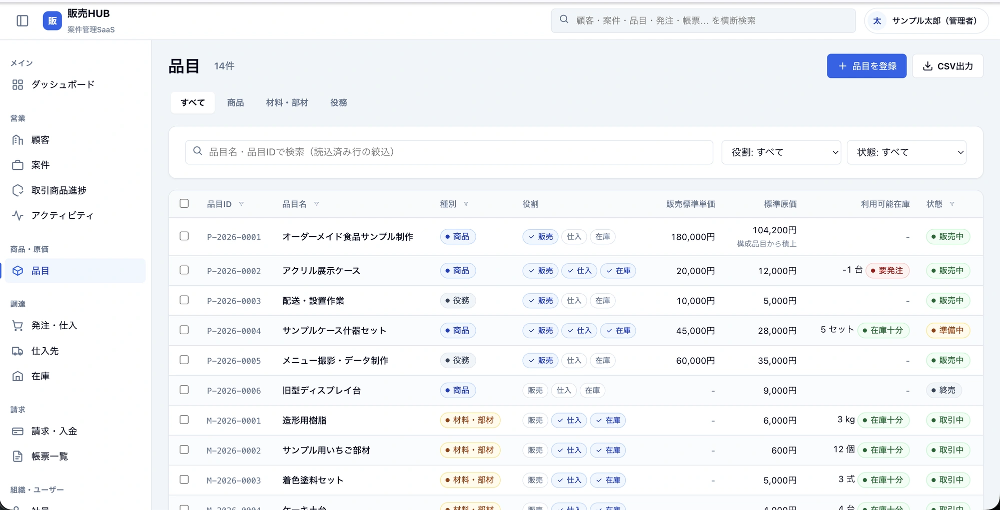 販売HUBの品目マスタ画面